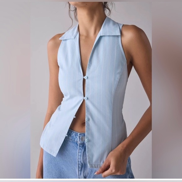 Urban Outfitters Y2K Sleeveless Light Blue Striped Women's Top XS Small Preppy - Picture 1 of 6